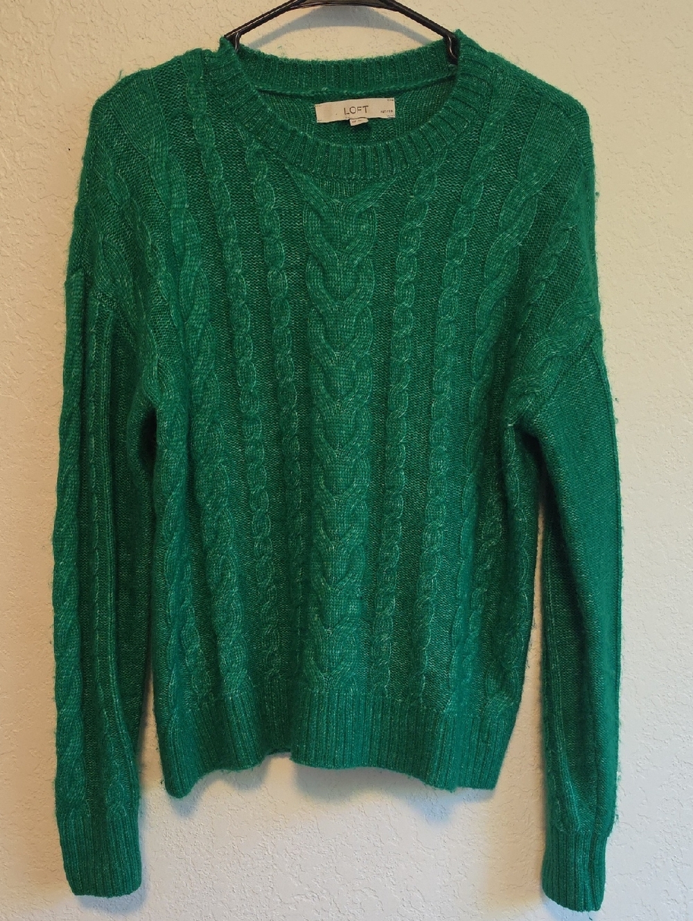 LOFT Emerald Green Cable-Knit Crewneck Sweater